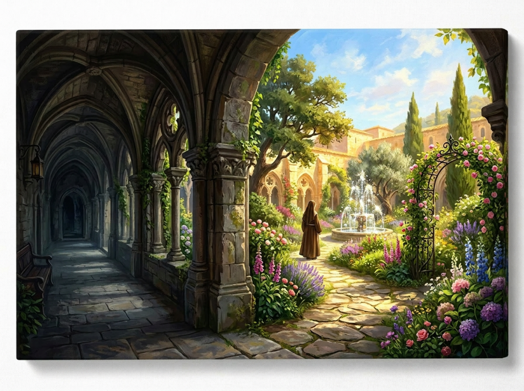 A nun  walking in a lush garden courtyard with stone arches and fountain