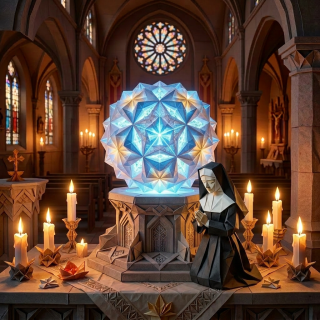 Glowing blue and white geometric sculpture on stone altar with lit candles in a church interior