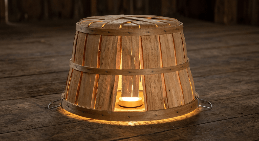 Wooden basket placed upside down over a lit candle on a wooden floor